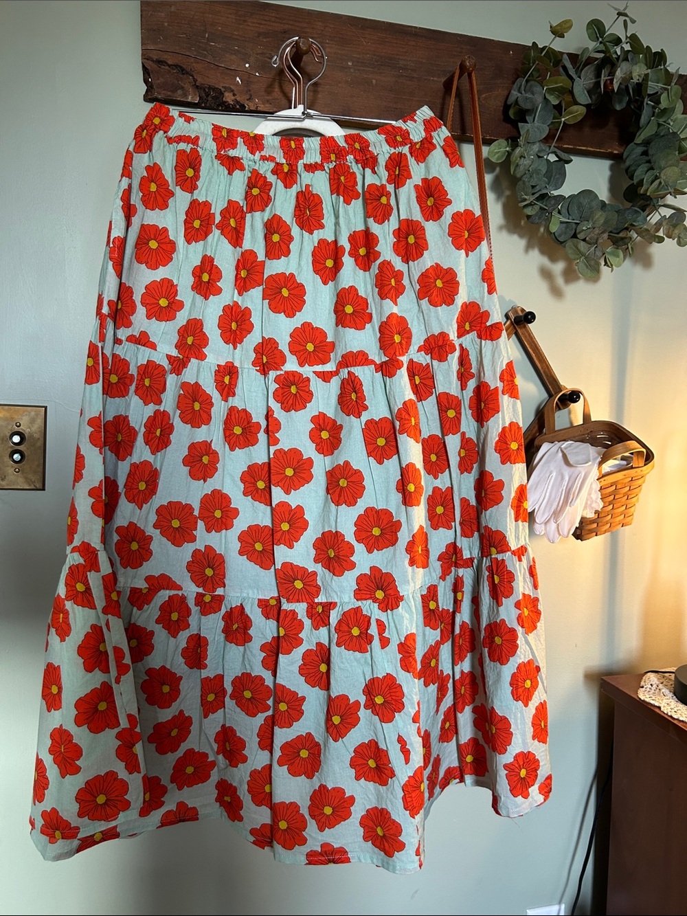 Victoria Dunn Red Floral Maxi Skirt on Light Blue